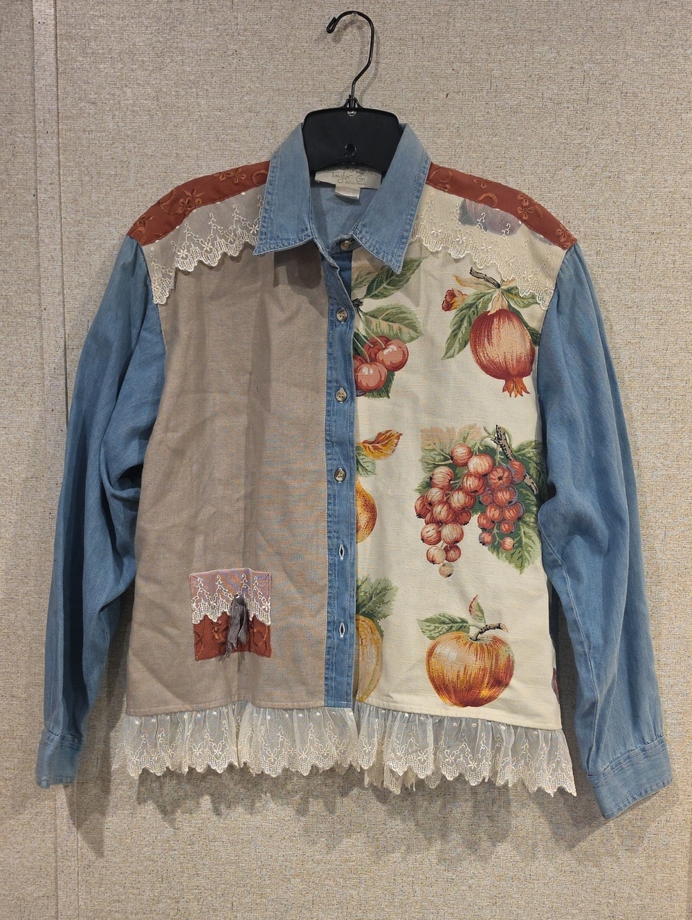 Taylor Blue Multicolor Patchwork Lace-Trim Button-Up Jacket